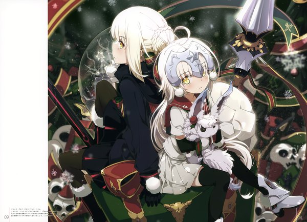 Anime picture 4842x3500 with fate (series) fate/grand order milky been! (ogipote) - dd's gems (artbook) artoria pendragon (all) jeanne d'arc (fate) (all) jeanne d'arc (fate) jeanne d'arc alter santa lily (fate) santa alter ogipote long hair looking at viewer fringe highres blonde hair sitting multiple girls yellow eyes absurdres ahoge long sleeves