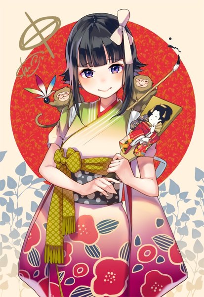 Anime picture 576x837 with original sheep sleep single tall image looking at viewer blush fringe short hair black hair smile purple eyes payot blunt bangs traditional clothes japanese clothes new year animal on shoulder girl ribbon (ribbons) hair ribbon