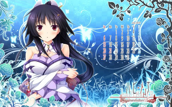 Anime picture 1920x1200 with hapymaher purple software hatsuno saki tsukimori hiro single long hair looking at viewer blush highres breasts open mouth light erotic black hair red eyes large breasts bare shoulders cleavage ponytail traditional clothes japanese clothes