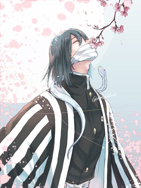 Anime picture 1668x2224 with kimetsu no yaiba ufotable iguro obanai noraillust single tall image fringe short hair black hair hair between eyes upper body eyes closed traditional clothes japanese clothes cherry blossoms striped covered mouth boy uniform animal