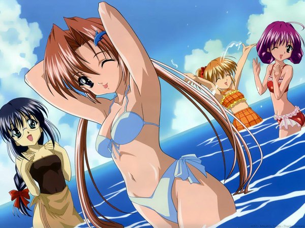 Anime picture 1024x768 with sister princess zexcs sakuya (sister princess) marie (sister princess) shirayuki (sister princess) hinako (sister princess) light erotic twintails braid (braids) eyes closed one eye closed wink arms up armpit (armpits) jpeg artifacts swimsuit bikini water glasses tongue