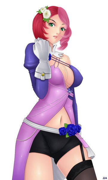 Anime picture 700x1160 with tekken namco (studio) alisa boskonovich khalitzburg single tall image looking at viewer short hair light erotic simple background white background green eyes cleavage red hair hair flower girl thighhighs gloves navel hair ornament