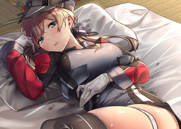 Anime picture 2174x1554 with kantai collection prinz eugen (kantai collection) baffu single long hair looking at viewer blush highres breasts light erotic blonde hair large breasts lying parted lips aqua eyes sweat girl thighhighs gloves uniform