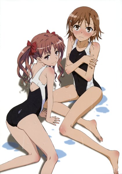 Anime picture 3281x4689 with to aru kagaku no railgun to aru majutsu no index j.c. staff misaka mikoto shirai kuroko long hair tall image looking at viewer blush highres short hair light erotic simple background smile brown hair white background twintails multiple girls brown eyes absurdres