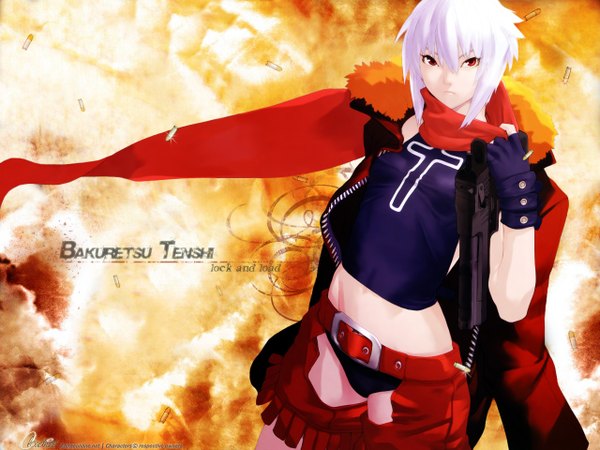 Anime picture 1280x960 with bakuretsu tenshi jo (bakuretsu tenshi) hakua ugetsu cloudnine single looking at viewer fringe short hair light erotic hair between eyes red eyes silver hair wallpaper copyright name girl gloves underwear panties weapon fingerless gloves