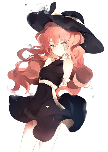 Anime picture 700x984 with lpip single long hair tall image looking at viewer fringe blue eyes simple background hair between eyes white background bare shoulders pink hair dutch angle wavy hair hands behind back girl dress hat black dress
