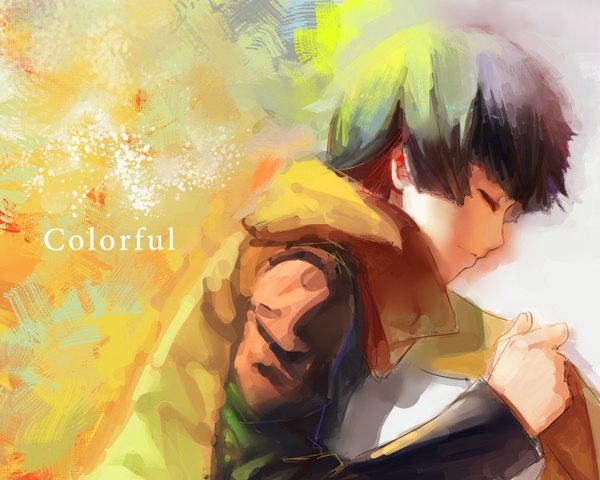 Anime picture 1280x1024 with colorful (movie) kobayashi makoto charimei single short hair black hair smile eyes closed profile inscription boy scarf