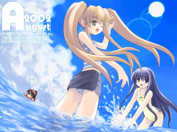 Anime picture 1024x768 with dreamsoft long hair looking at viewer fringe open mouth blue eyes hair between eyes brown hair standing twintails bare shoulders multiple girls brown eyes payot blue hair looking away sky cloud (clouds) outdoors one eye closed