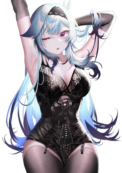 Anime picture 2480x3508 with genshin impact eula lawrence rib (rib delesetong) single long hair tall image looking at viewer fringe highres breasts open mouth light erotic simple background white background sitting purple eyes blue hair one eye closed arms up armpit (armpits)