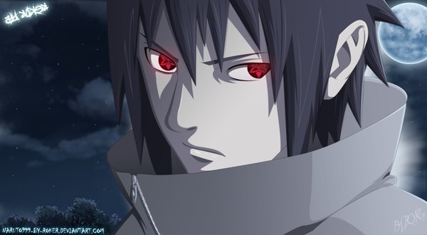 Anime picture 1450x799 with naruto studio pierrot naruto (series) uchiha sasuke naruto999-by-roker single short hair black hair red eyes wide image cloud (clouds) night sky coloring close-up face sharingan boy plant (plants) tree (trees) star (stars)