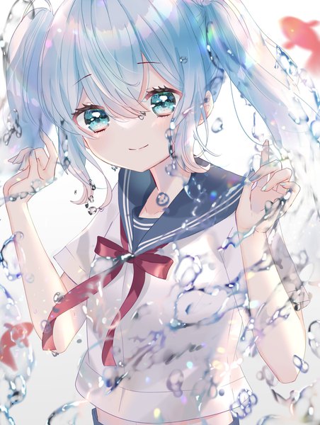 Anime picture 2372x3151 with vocaloid hatsune miku bottle miku azarashi6 single long hair tall image fringe highres smile hair between eyes twintails payot blue hair looking away upper body aqua eyes underwater girl uniform