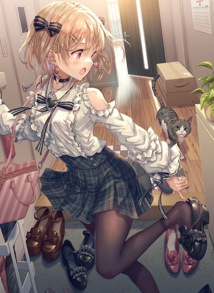 Anime picture 875x1200 with original hirokazu (analysis-depth) single tall image blush fringe short hair open mouth blonde hair red eyes standing bare shoulders payot looking away bent knee (knees) indoors long sleeves plaid skirt standing on one leg adjusting footwear