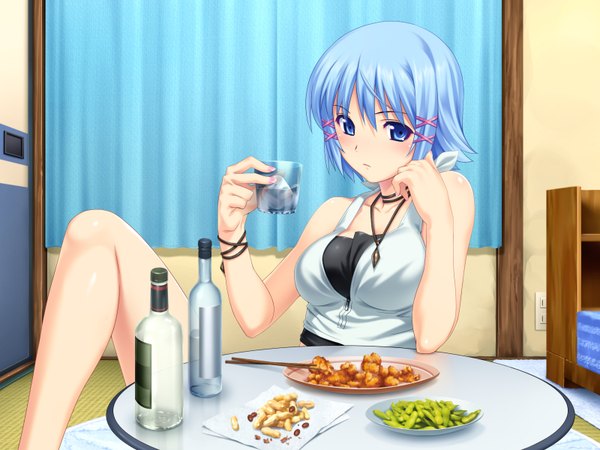 Anime picture 1600x1200 with tropical kiss himuro rikka koutaro short hair blue eyes blue hair game cg girl food bottle room chopsticks
