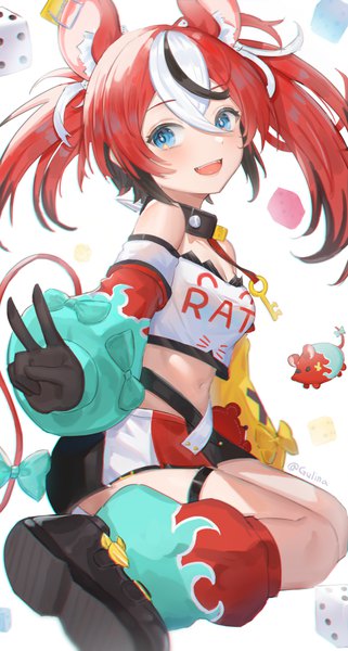 Anime picture 2312x4320 with virtual youtuber hololive hololive english hakos baelz mr. squeaks (hakos baelz) gurina single long hair tall image looking at viewer fringe highres open mouth blue eyes hair between eyes sitting signed animal ears red hair tail