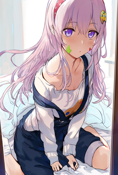 Anime picture 3620x5350 with virtual youtuber hololive hololive indonesia airani iofifteen hews single long hair tall image looking at viewer blush fringe highres hair between eyes sitting purple eyes absurdres purple hair indoors wariza strap slip