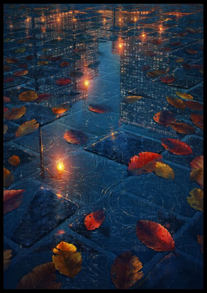 Anime picture 1075x1518 with original cola (pixiv) tall image outdoors night city border reflection rain cityscape no people landscape scenic autumn ripples leaf (leaves) building (buildings) autumn leaves tiles lamppost