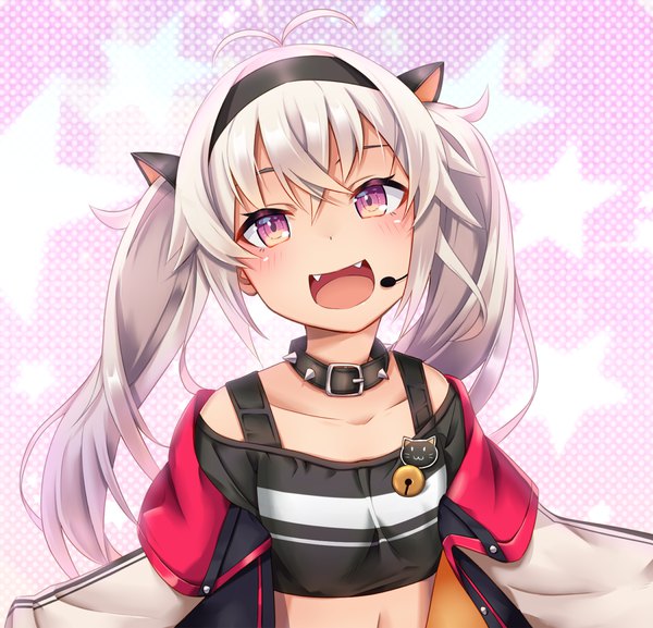 Anime picture 1280x1231 with virtual youtuber nijisanji matsukai mao reitency single long hair looking at viewer blush fringe open mouth hair between eyes purple eyes twintails silver hair upper body ahoge :d from above fang (fangs) girl