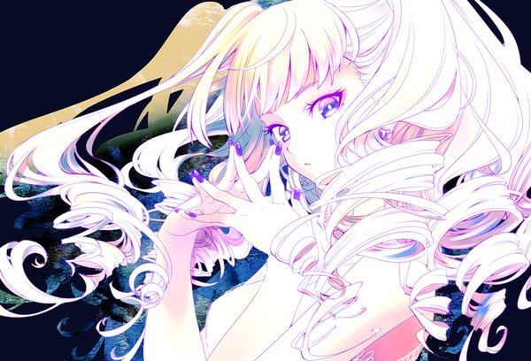Anime picture 800x545 with original olmatown single long hair looking at viewer fringe simple background purple eyes twintails nail polish wind drill hair black background fingers together purple nail polish girl earrings