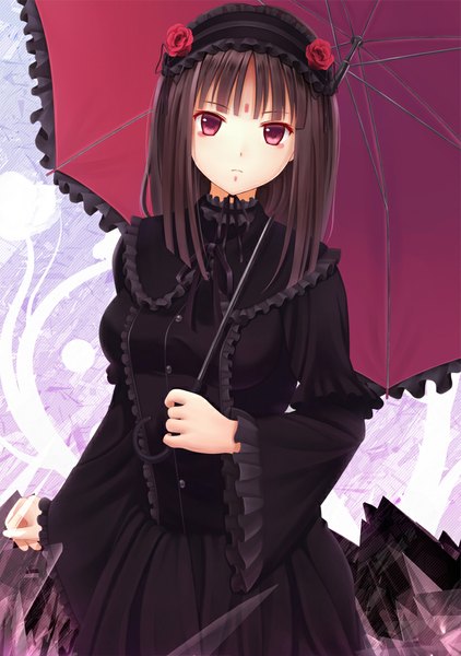 Anime picture 706x1004 with original megimegyo single long hair tall image looking at viewer black hair red eyes girl dress flower (flowers) frills headphones umbrella