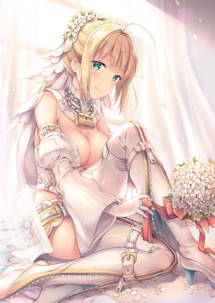 Anime picture 853x1200 with fate (series) fate/extra fate/extra ccc nero claudius (fate) (all) nero claudius (bride) (fate) shirakawako single tall image looking at viewer blush fringe short hair breasts light erotic blonde hair hair between eyes sitting green eyes payot cleavage
