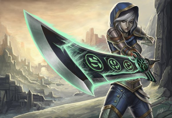 Anime picture 1280x877 with league of legends riven (league of legends) penator (artist) single short hair looking away grey hair orange eyes girl gloves weapon armor hood huge weapon huge sword