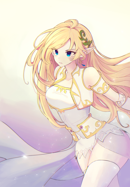 Anime picture 900x1289 with maplestory mercedes (maplestory) minyumim single long hair tall image blush fringe blue eyes light erotic simple background blonde hair looking away pointy ears leaning leaning forward gradient background floating hair elf walking