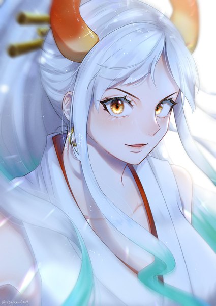 Anime picture 2508x3541 with one piece toei animation yamato (one piece) syusyu single long hair tall image looking at viewer blush fringe highres open mouth signed yellow eyes upper body white hair traditional clothes japanese clothes multicolored hair horn (horns)