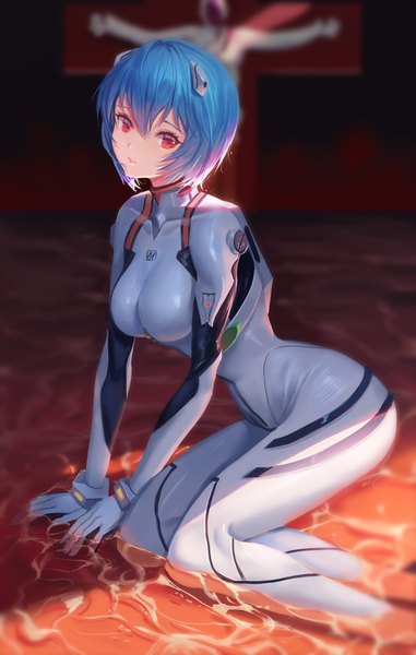 Anime picture 750x1179 with neon genesis evangelion gainax ayanami rei dongfangzhong111 tall image looking at viewer fringe short hair breasts light erotic hair between eyes red eyes large breasts sitting blue hair bent knee (knees) blurry arm support depth of field partially submerged