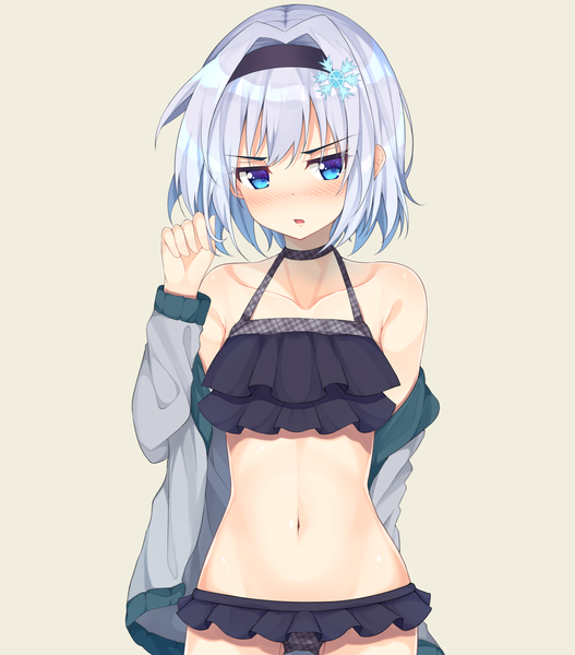 Anime picture 2508x2852 with ryuuou no oshigoto! sora ginko mottsun (i 40y) single tall image blush highres short hair open mouth blue eyes light erotic simple background bare shoulders looking away silver hair holding hair girl navel hair ornament swimsuit