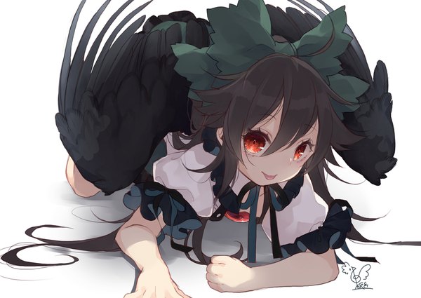 Anime picture 1765x1252 with touhou reiuji utsuho toutenkou single long hair looking at viewer fringe highres black hair simple background hair between eyes red eyes white background puffy sleeves :p on all fours black wings girl bow hair bow