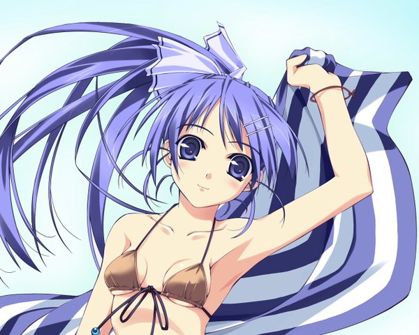 Anime picture 1280x1024 with murakami suigun blue eyes light erotic blue hair ponytail swimsuit bikini