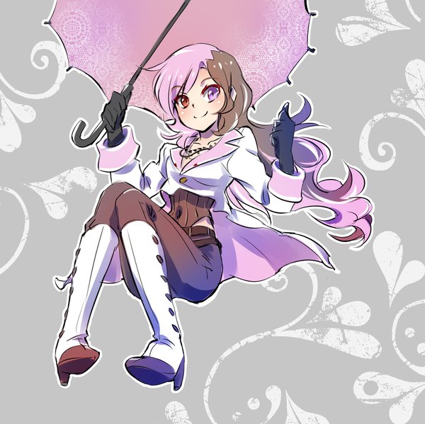 Anime picture 1802x1800 with rwby rooster teeth neopolitan (rwby) iesupa single long hair looking at viewer highres simple background smile brown hair purple eyes holding brown eyes pink hair full body white hair multicolored hair grey background from below