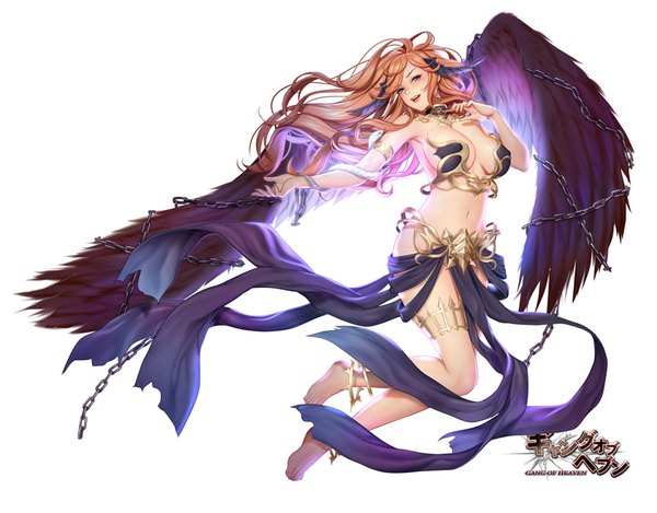 Anime picture 900x704 with gang of heaven masami chie single long hair looking at viewer blush breasts open mouth light erotic simple background smile brown hair white background purple eyes full body horn (horns) official art black wings girl navel