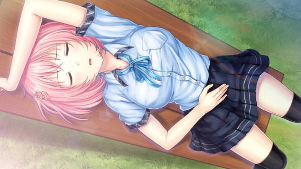 Anime picture 1280x720 with ayame no machi to ohimesama kazuharu kina single blush short hair breasts open mouth wide image large breasts pink hair game cg eyes closed on back sleeping girl thighhighs skirt uniform hair ornament black thighhighs