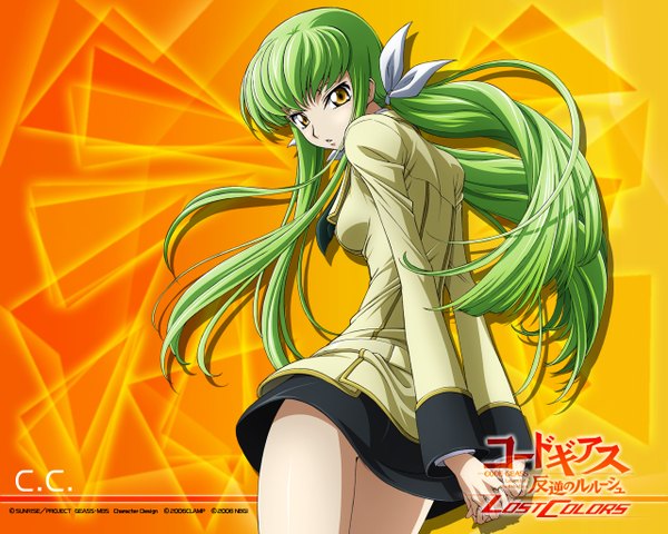 Anime picture 1280x1024 with code geass sunrise (studio) c.c. single long hair looking at viewer fringe yellow eyes green hair from behind wallpaper orange background girl uniform ribbon (ribbons) hair ribbon school uniform