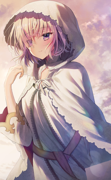 Anime picture 1200x1950 with fate (series) fate/grand order mash kyrielight kuro futoshi single tall image fringe short hair purple eyes looking away sky purple hair cloud (clouds) upper body outdoors light smile hair over one eye official alternate costume girl hood