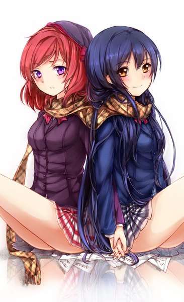 Anime picture 1199x1961 with love live! school idol project sunrise (studio) love live! nishikino maki sonoda umi luoz long hair tall image looking at viewer blush short hair simple background smile white background sitting multiple girls yellow eyes pink hair purple hair bent knee (knees)