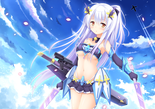 Anime picture 1415x1000 with original suzuame yatsumi single long hair blush fringe light erotic hair between eyes yellow eyes sky purple hair cloud (clouds) ahoge pleated skirt :o midriff side ponytail girl skirt gloves