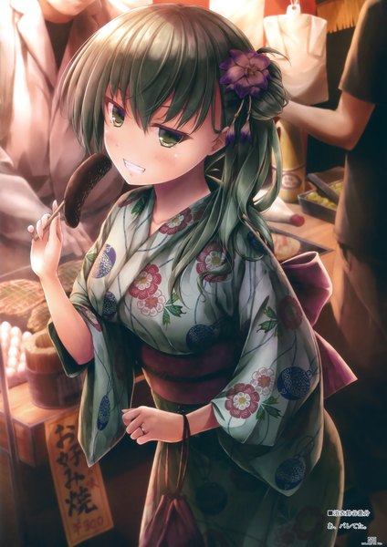 Anime picture 2119x3000 with kantai collection suzuya heavy cruiser suien single tall image looking at viewer blush highres smile green eyes traditional clothes japanese clothes green hair scan girl hair ornament kimono kanzashi kinchaku chocolate banana