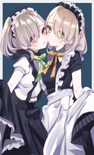 Anime picture 1221x2000 with original sinsihukunokonaka tall image looking at viewer blush fringe short hair blonde hair multiple girls brown eyes green eyes grey hair hair over one eye short sleeves maid puffy sleeves border siblings anaglyph dress lift