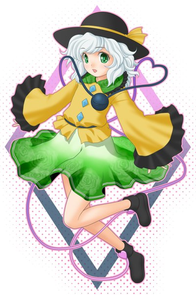 Anime picture 1200x1800 with touhou komeiji koishi t2r (artist) single tall image short hair open mouth green eyes white hair girl dress hat boots eyeball