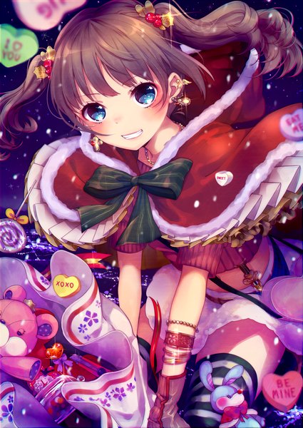 Anime picture 900x1271 with original shiki hinako long hair tall image looking at viewer blush fringe open mouth blue eyes brown hair bent knee (knees) night night sky city happy snowing christmas flying clenched teeth city lights