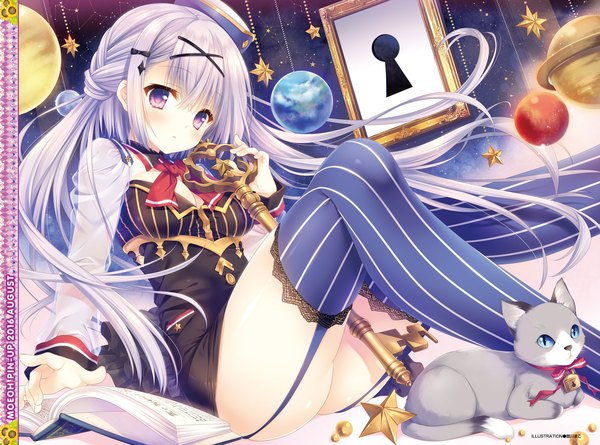 Anime picture 2588x1920 with original tatekawa mako single long hair blush fringe highres light erotic hair between eyes sitting purple eyes silver hair bent knee (knees) ass between legs constellation solar system girl thighhighs hair ornament