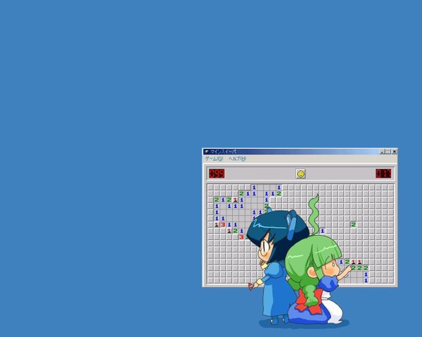 Anime picture 1280x1024 with os-tan windows (operating system) 2k-tan me-tan (emui-san) blue background minesweeper