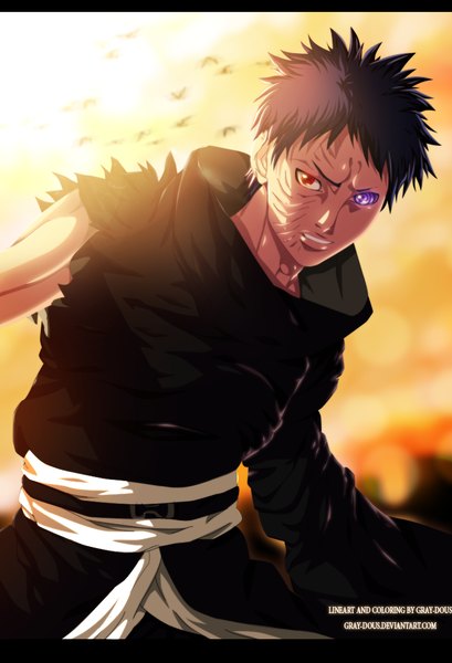 Anime picture 755x1107 with naruto studio pierrot naruto (series) uchiha obito tobi gray-dous single tall image short hair black hair red eyes purple eyes sky cloud (clouds) traditional clothes japanese clothes sunlight heterochromia coloring torn clothes