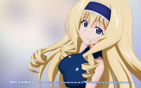 Anime picture 1920x1200 with infinite stratos 8bit cecilia orcott wave ride single long hair highres breasts blue eyes light erotic blonde hair wide image large breasts girl hairband bodysuit calendar