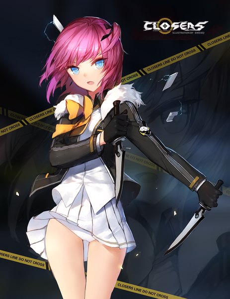 Anime picture 904x1170 with closers seulbi lee swd3e2 single tall image looking at viewer short hair open mouth blue eyes light erotic pink hair pantyshot one side up dark background girl gloves underwear panties weapon black gloves