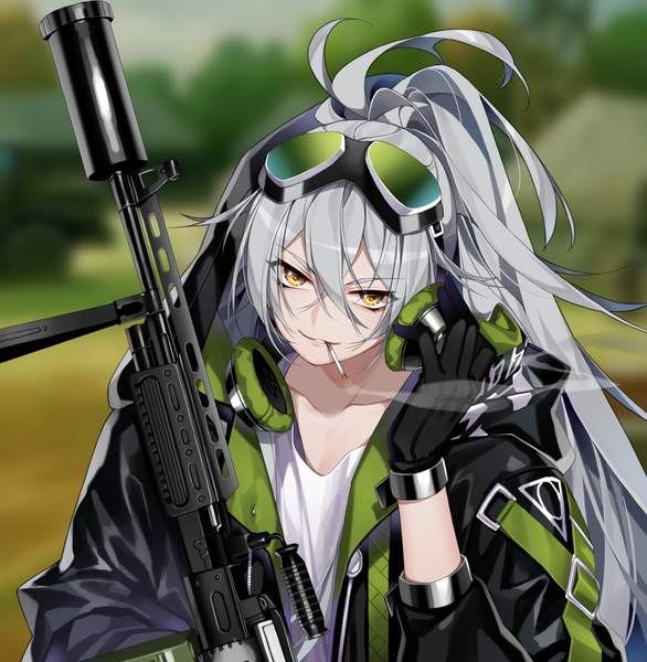 Anime-Bild 1081x1107 mit girls frontline aek-999 (girls frontline) deathalice single long hair tall image looking at viewer fringe smile hair between eyes holding yellow eyes silver hair upper body ponytail parted lips blurry open jacket depth of field smoke