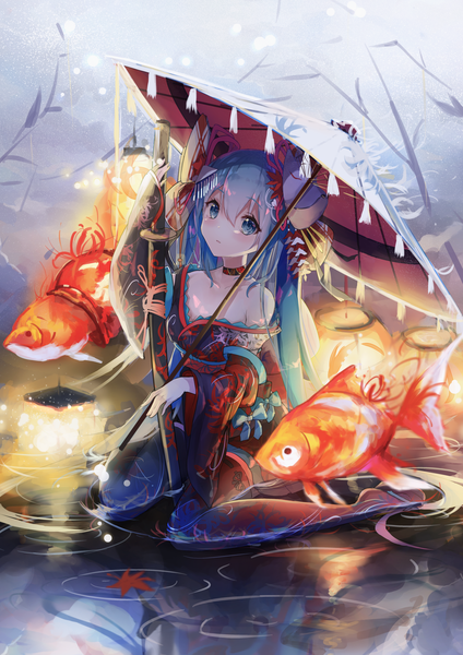 Anime picture 1750x2475 with vocaloid hatsune miku sakurano shiyue single tall image looking at viewer blush fringe highres blue eyes hair between eyes sitting twintails blue hair very long hair traditional clothes japanese clothes off shoulder wide sleeves zettai ryouiki