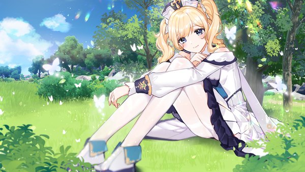 Anime picture 1920x1080 with genshin impact barbara (genshin impact) ji yue single long hair blush highres blue eyes light erotic blonde hair wide image sitting twintails sky cloud (clouds) outdoors girl plant (plants) pantyhose tree (trees)